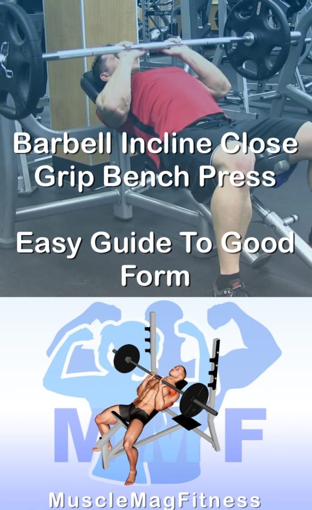 Pin image for barbell incline close grip bench press post. With an image of a man performing the exercise on Top and a graphic of the exercise on the Bottom.