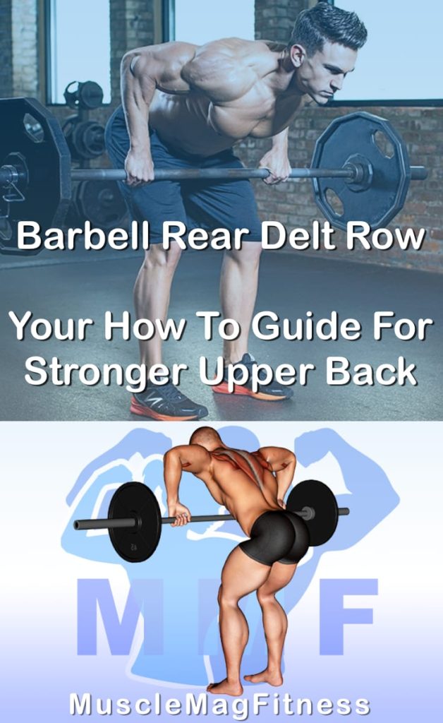 Pin image for barbell rear delt row post. With an image of a man performing the exercise on Top and a graphic of the exercise on the Bottom.