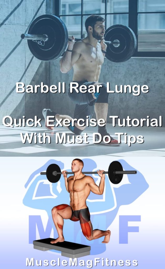Pin image for barbell rear lunge post. With an image of a man performing the exercise on Top and a graphic of the exercise on the Bottom.