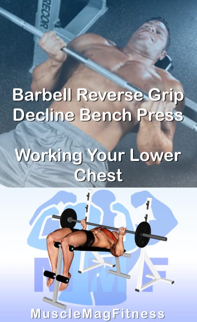 Pin image for barbell reverse grip decline bench press post. With an image of a man performing the exercise on Top and a graphic of the exercise on the Bottom.