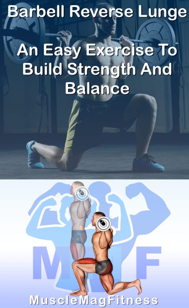 Pin image for barbell reverse lunge post. With an image of a man performing the exercise on Top and a graphic of the exercise on the Bottom.