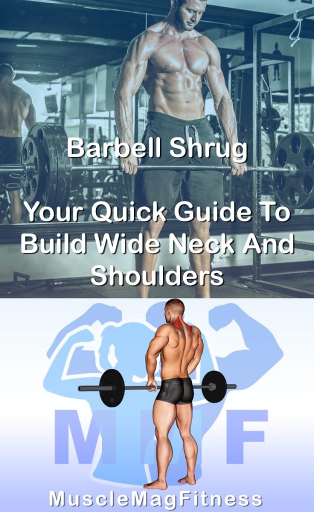 Pin image for barbell shrug post. With an image of a man performing the exercise on Top and a graphic of the exercise on the Bottom.
