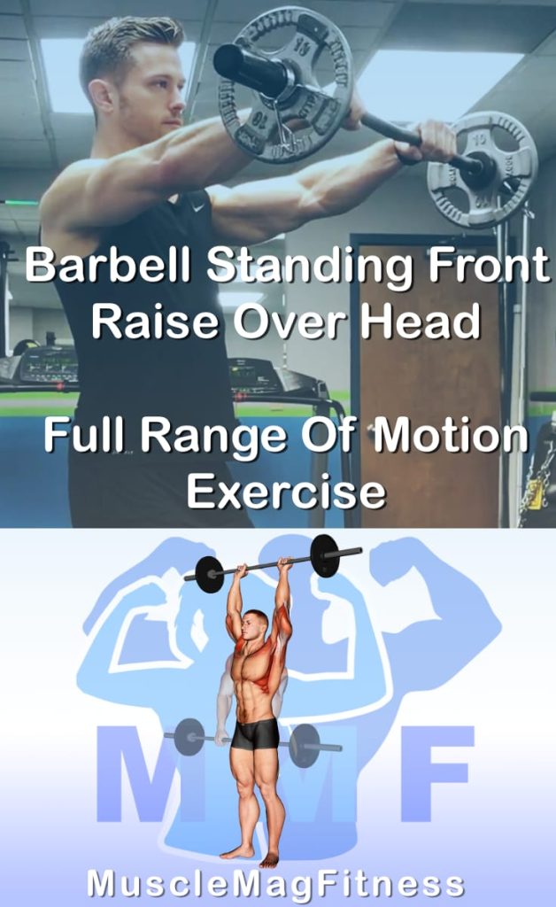 Pin image for barbell standing front raise over head post. With an image of a man performing the exercise on Top and a graphic of the exercise on the Bottom.