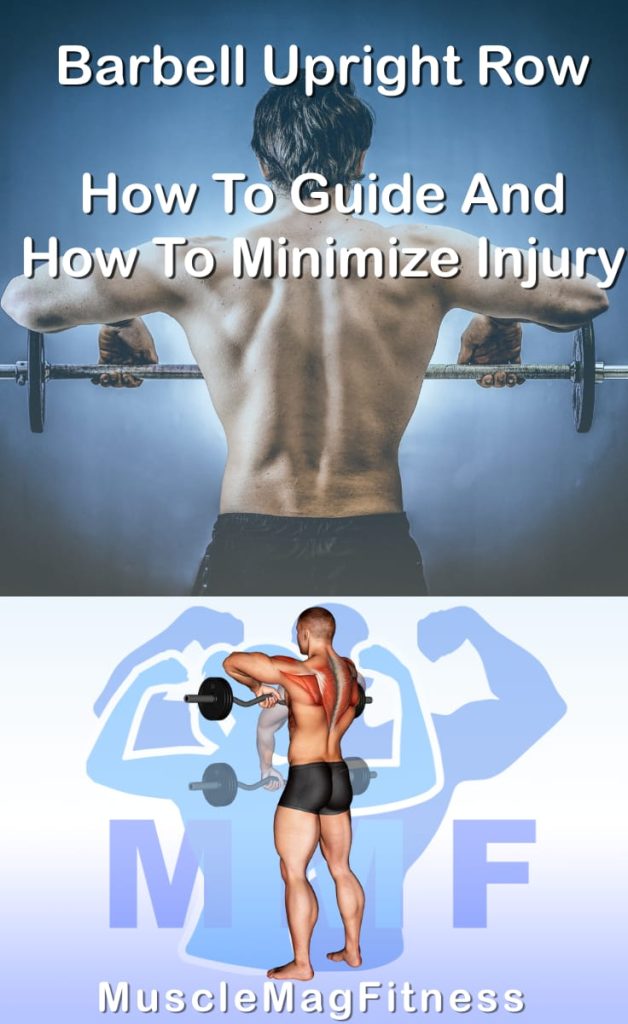 Pin image for barbell standing upright row post. With an image of a man performing the exercise on Top and a graphic of the exercise on the Bottom.