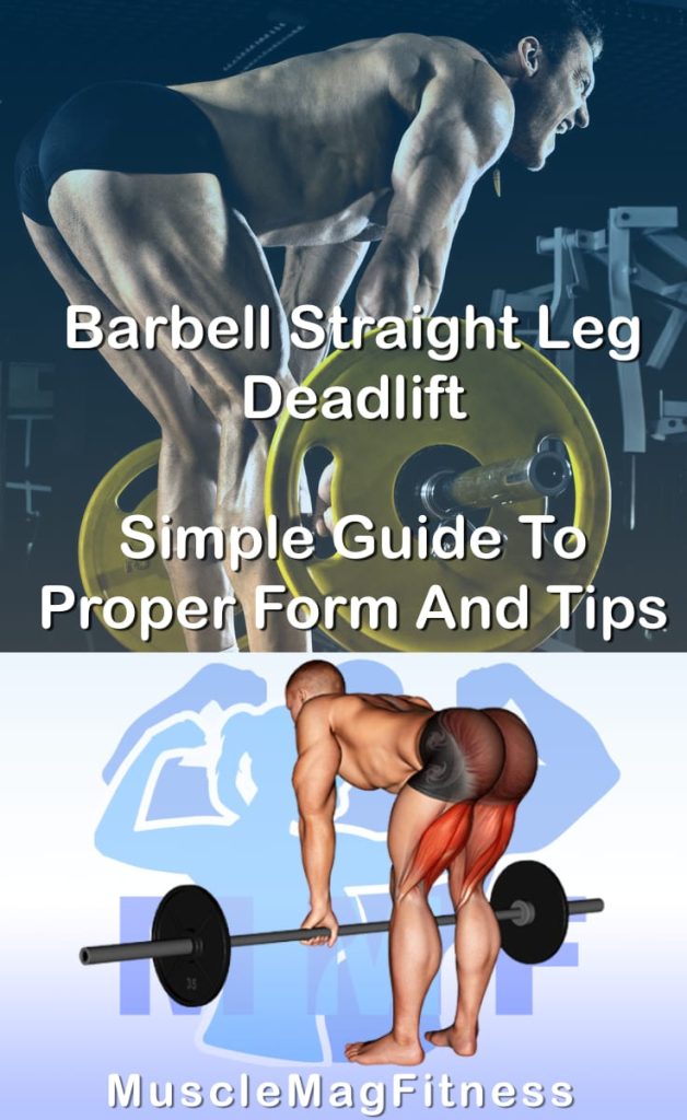 Pin image for barbell straight leg deadlift post. With an image of a man performing the exercise on Top and a graphic of the exercise on the Bottom.