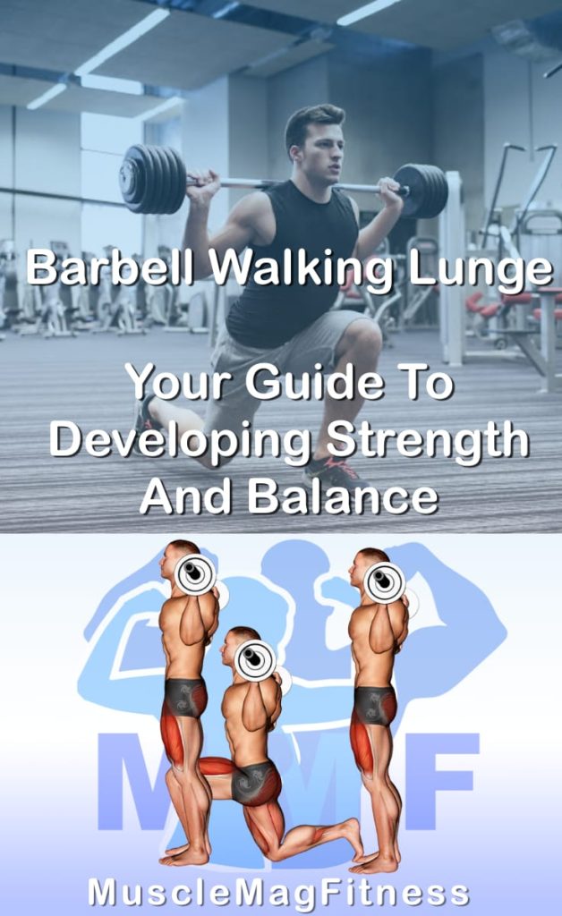 Pin image for barbell walking lunge post. With an image of a man performing the exercise on Top and a graphic of the exercise on the Bottom.