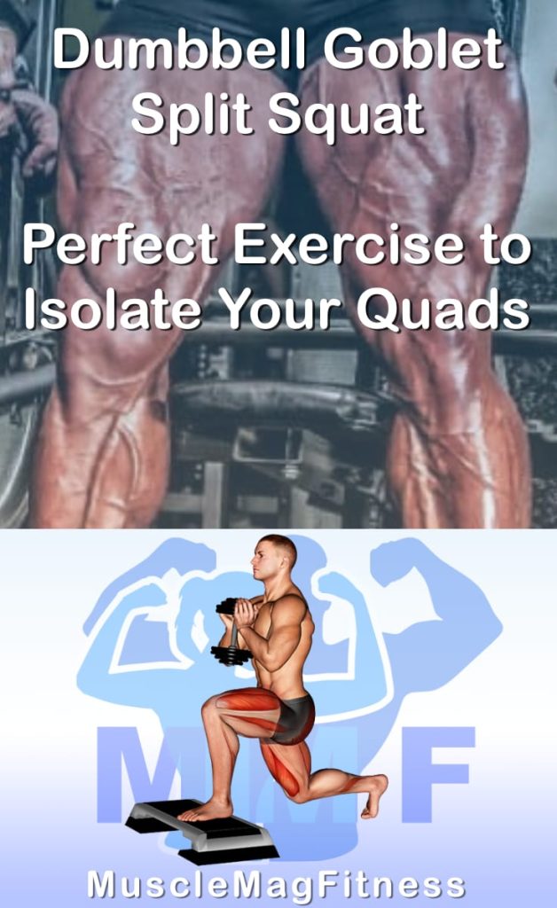 Pin image for dumbbell goblet split squat post. With an image of a man performing the exercise on Top and a graphic of the exercise on the Bottom.