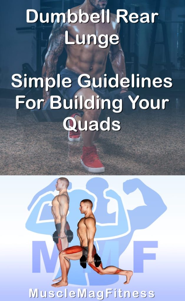 Pin image for dumbbell rear lunge post. With an image of a man performing the exercise on Top and a graphic of the exercise on the Bottom.
