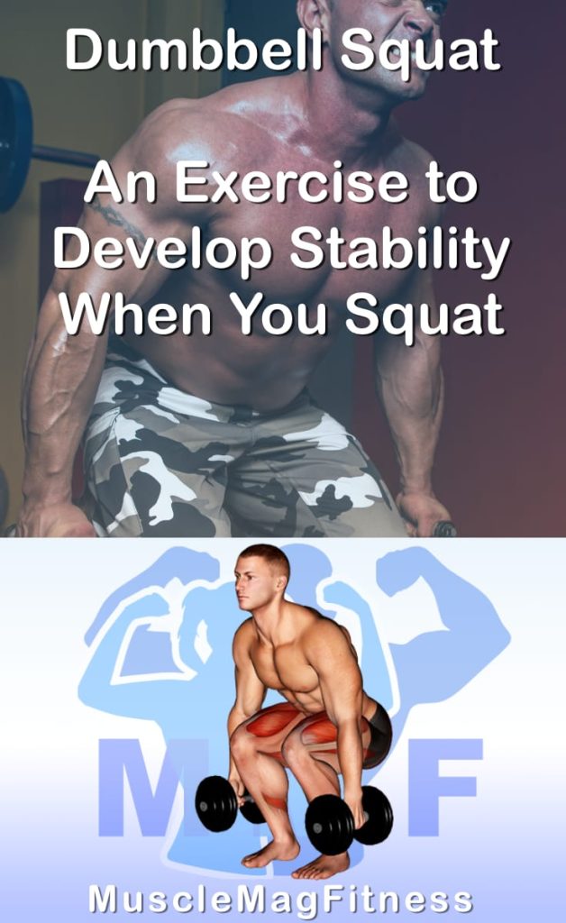Pin image for dumbbell squat post. With an image of a man performing the exercise on Top and a graphic of the exercise on the Bottom.
