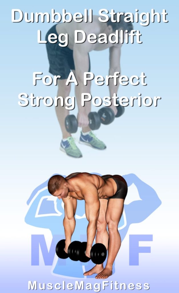 Pin image for dumbbell straight leg deadlift post. With an image of a man performing the exercise on Top and a graphic of the exercise on the Bottom.
