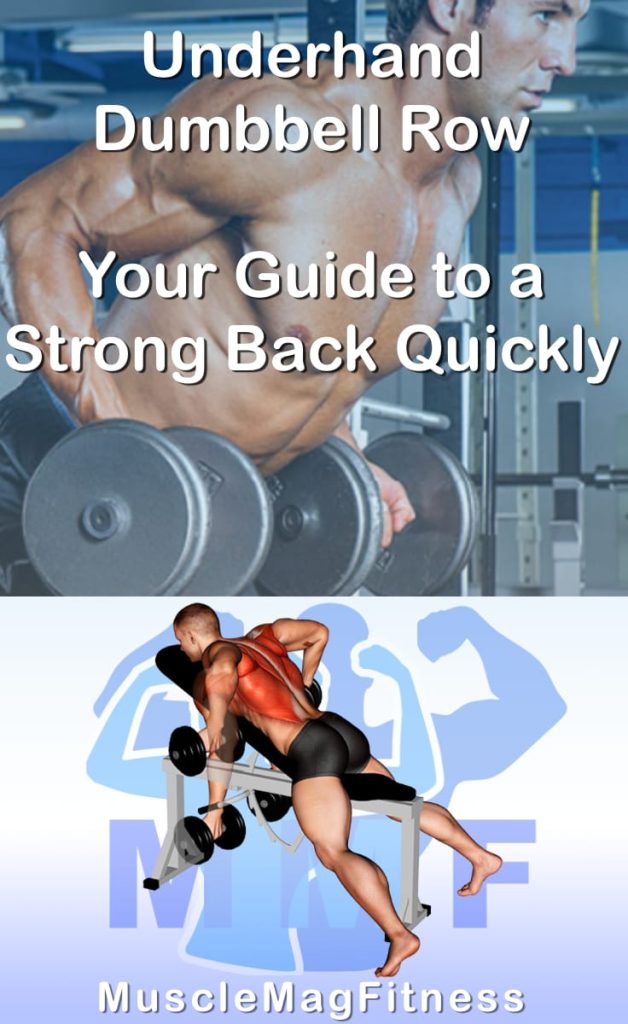Pin image for underhand dumbbell row post. With an image of a man performing the exercise on Top and a graphic of the exercise on the Bottom.