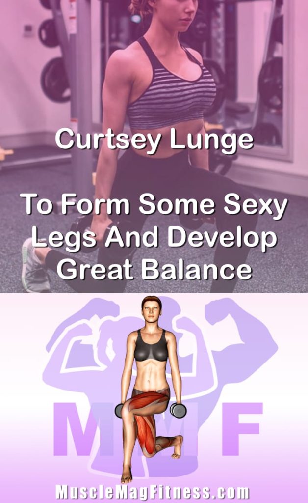 Pin image for curtsey lunge post. With an image of a woman performing the exercise on Top and a graphic of the exercise on the Bottom.