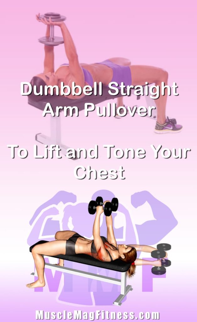 Pin image for dumbbell straight arm pullover post. With an image of a woman performing the exercise on Top and a graphic of the exercise on the Bottom.