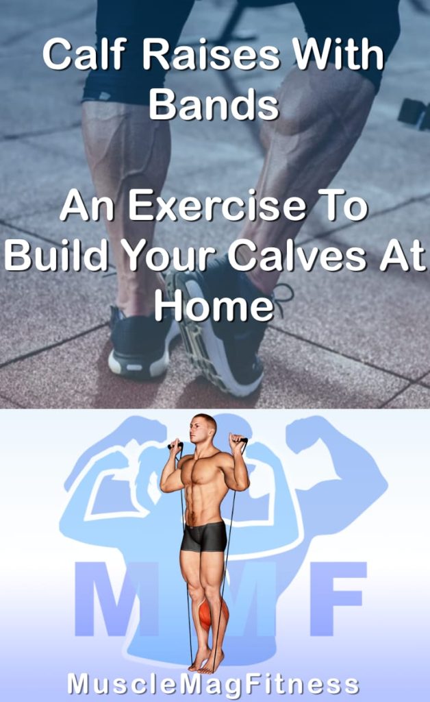 Pin image for calf raises with bands post. With an image of a man performing the exercise on Top and a graphic of the exercise on the Bottom.