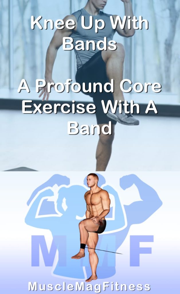 Pin image for knee up with bands post. With an image of a man performing the exercise on Top and a graphic of the exercise on the Bottom.