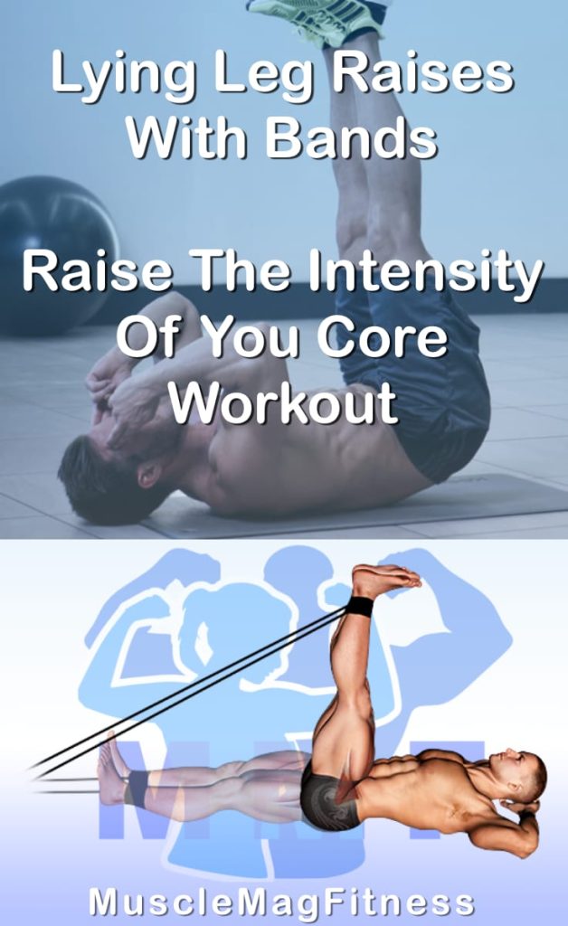 Pin image for lying leg raises with bands post. With an image of a man performing the exercise on Top and a graphic of the exercise on the Bottom.