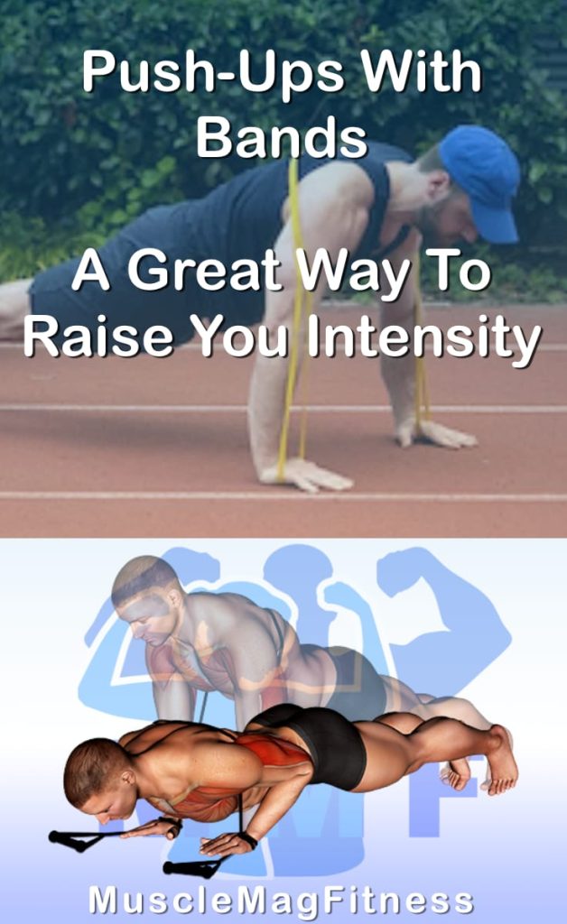 Pin image for push-ups with bands post. With an image of a man performing the exercise on Top and a graphic of the exercise on the Bottom.