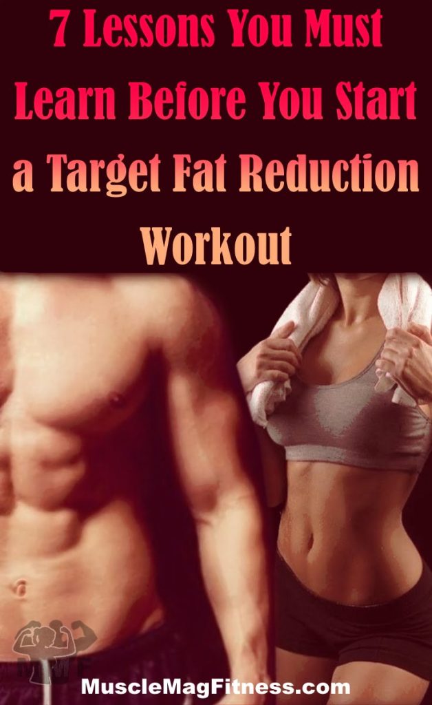 Pinterest image of Fit man and woman in front of a black back ground with the caption, "7 Lessons you must Learn Before You Start a Target Fat Reduction Workout."