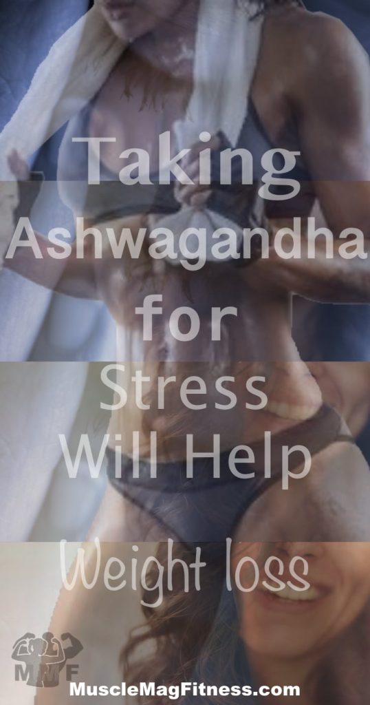 Pinterest image of A sweaty fit woman in a bikini and a towel over around her neck. There is a stressed woman in the background. The Caption "Taking Ashwagandha for stress and fitness."