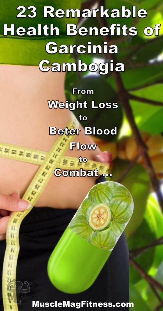 Pinterest image of Fit woman measuring her belly and a Garcinia Cambogia plant in the background and a pill with fruit in the foreground. There is a caption "23 Remarkable Health Benefits of Garcinia Cambogia."