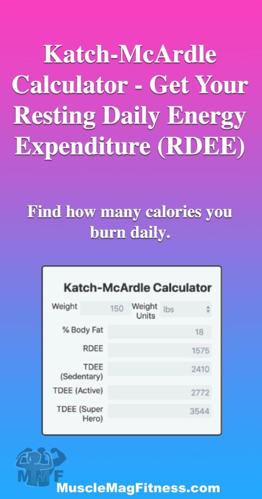 Pinterest image of Katch-McArdle Calculator – Get Your Resting Daily Energy Expenditure (RDEE) - Katch-McArdle Formula for RDEE can be a more precise representation of your BMR and therefore TDEE calculation when you know your lean body mass or body fat % accurately.