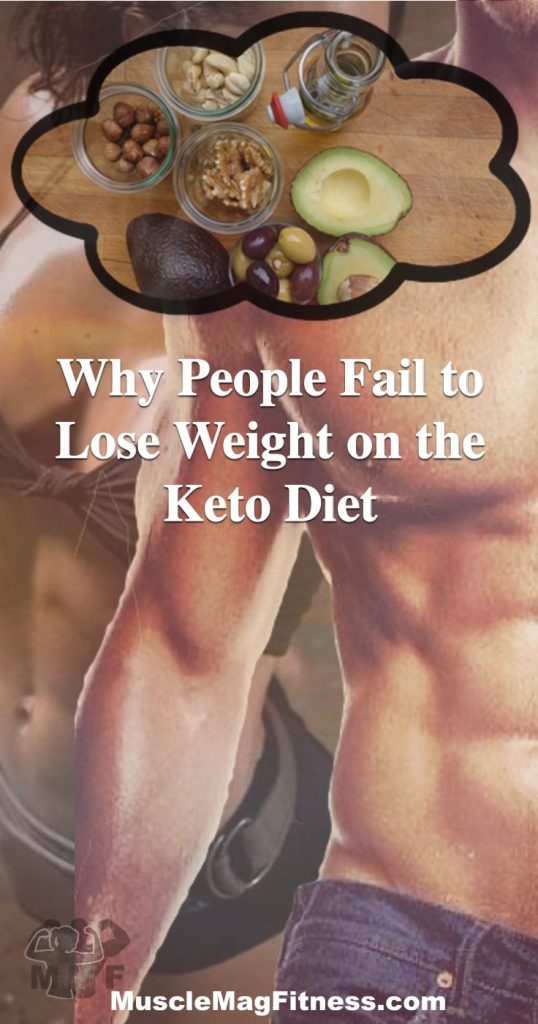 Pinterest image of Fit man and woman with a thought bubble full of keto food. With the Caption, "Why People Fail to Lose Weight on a Keto Diet."
