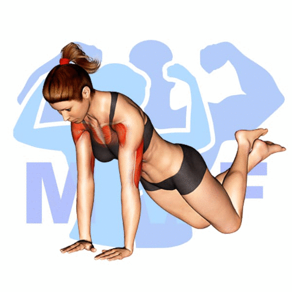 Graphic image of a fit woman performing Close Grip Push Up On Knees.