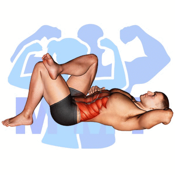 Graphic image of a muscular man performing Cross Oblique Crunch.