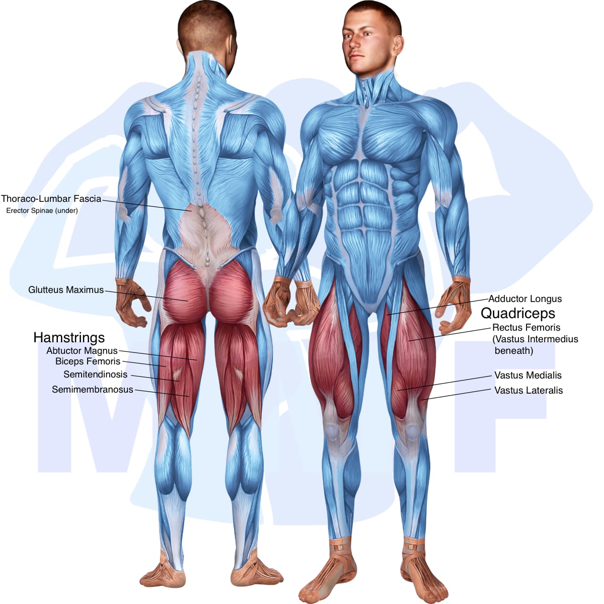 Image of the skeletal muscular system with the muscles used in the lever back extension exercise highlighted in red and the rest in blue.