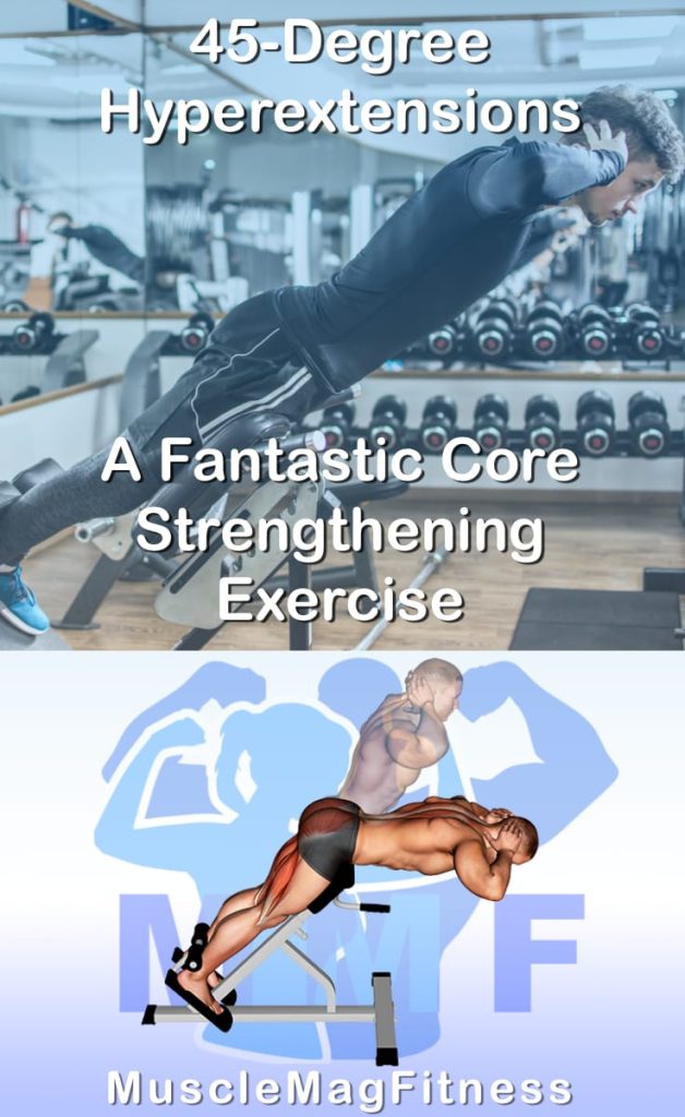 Pin image for 45 degree hyperextensions post. With an image of a man performing the exercise on Top and a graphic of the exercise on the Bottom.