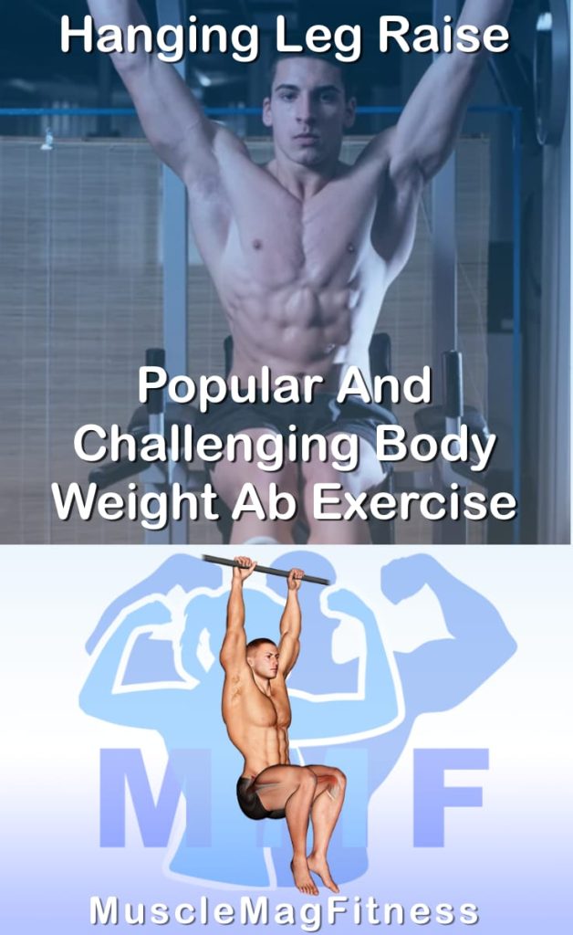 Pin image for hanging leg raise post. With an image of a man performing the exercise on Top and a graphic of the exercise on the Bottom.