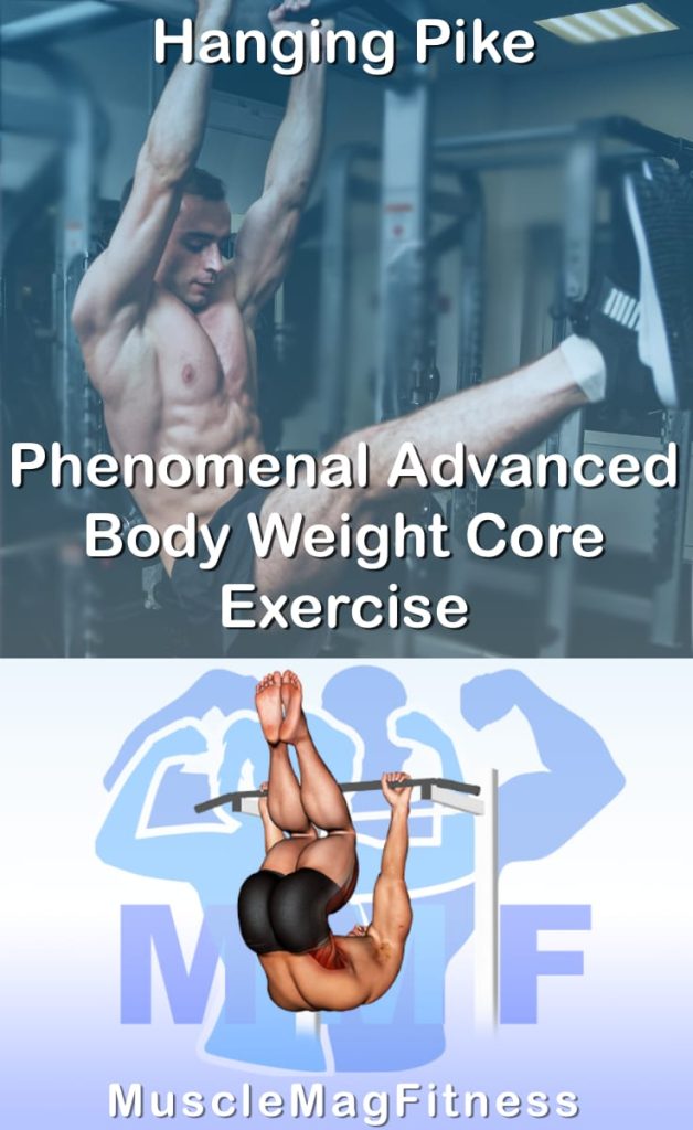Pin image for hanging pike post. With an image of a man performing the exercise on Top and a graphic of the exercise on the Bottom.