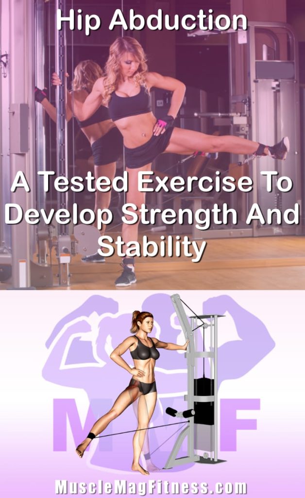 Pin image for hip abduction post. With an image of a woman performing the exercise on Top and a graphic of the exercise on the Bottom.
