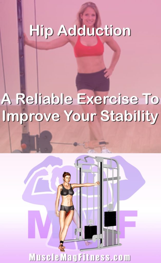 Pin image for hip adduction post. With an image of a woman performing the exercise on Top and a graphic of the exercise on the Bottom.