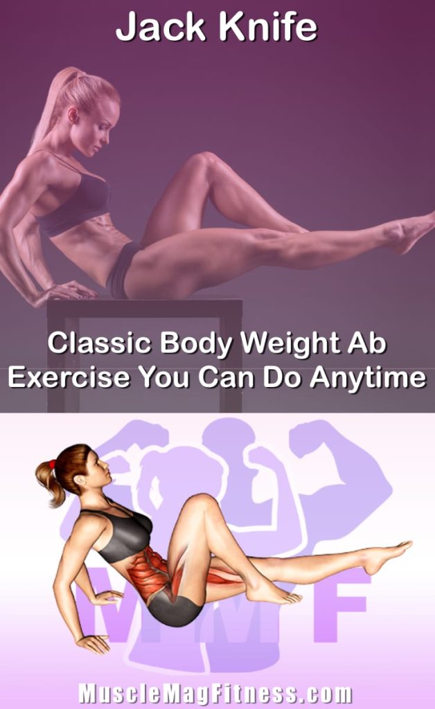 Pin image for jack knife post. With an image of a woman performing the exercise on Top and a graphic of the exercise on the Bottom.
