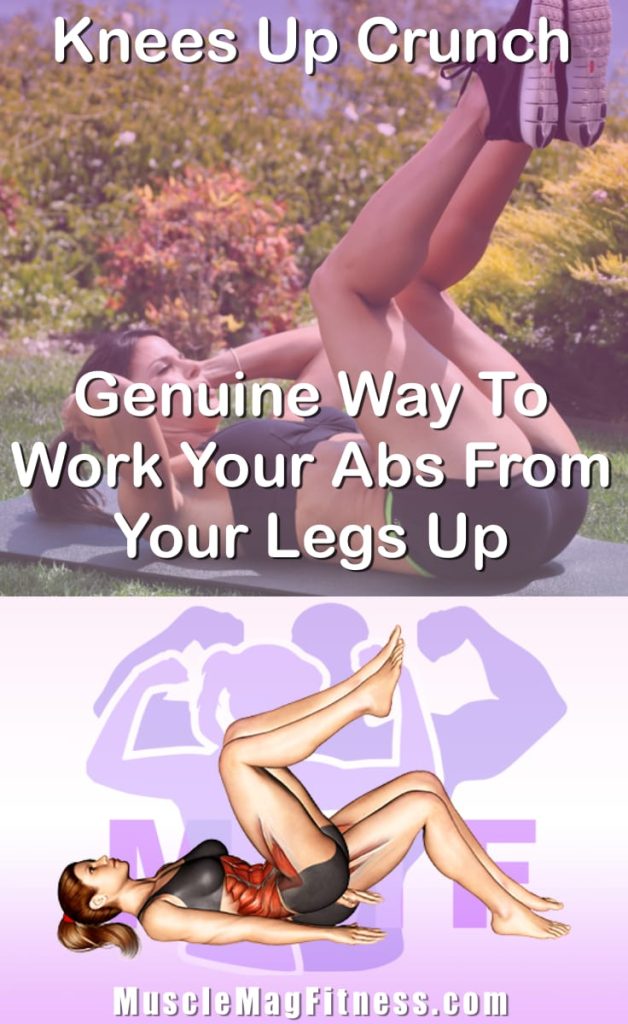 Pin image for knees up crunch post. With an image of a woman performing the exercise on Top and a graphic of the exercise on the Bottom.