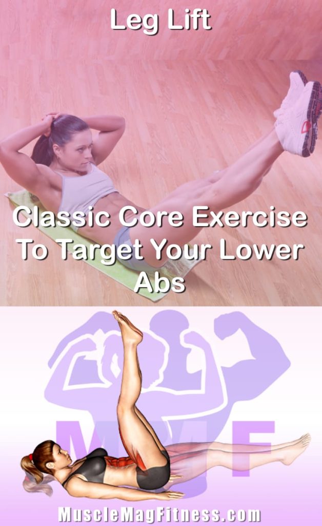 Pin image for leg lift post. With an image of a woman performing the exercise on Top and a graphic of the exercise on the Bottom.