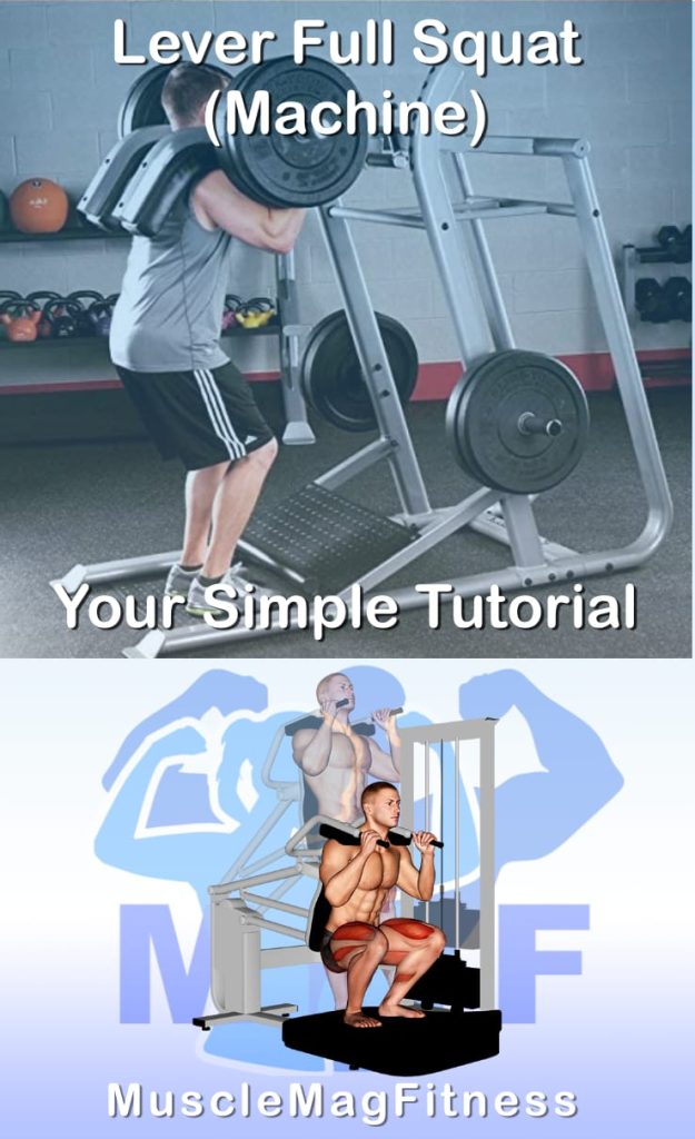 Pin image for lever full squat post. With an image of a man performing the exercise on Top and a graphic of the exercise on the Bottom.