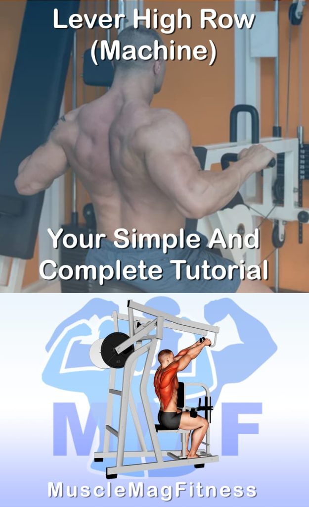 Pin image for lever high row post. With an image of a man performing the exercise on Top and a graphic of the exercise on the Bottom.