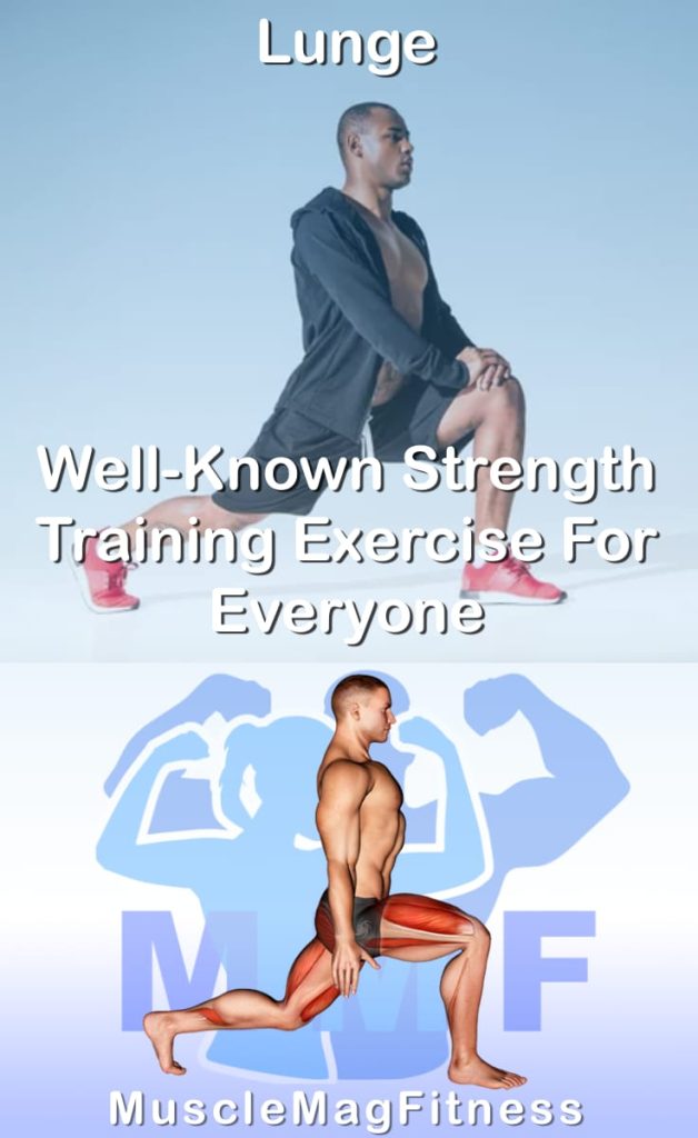 Pin image for lunge post. With an image of a man performing the exercise on Top and a graphic of the exercise on the Bottom.