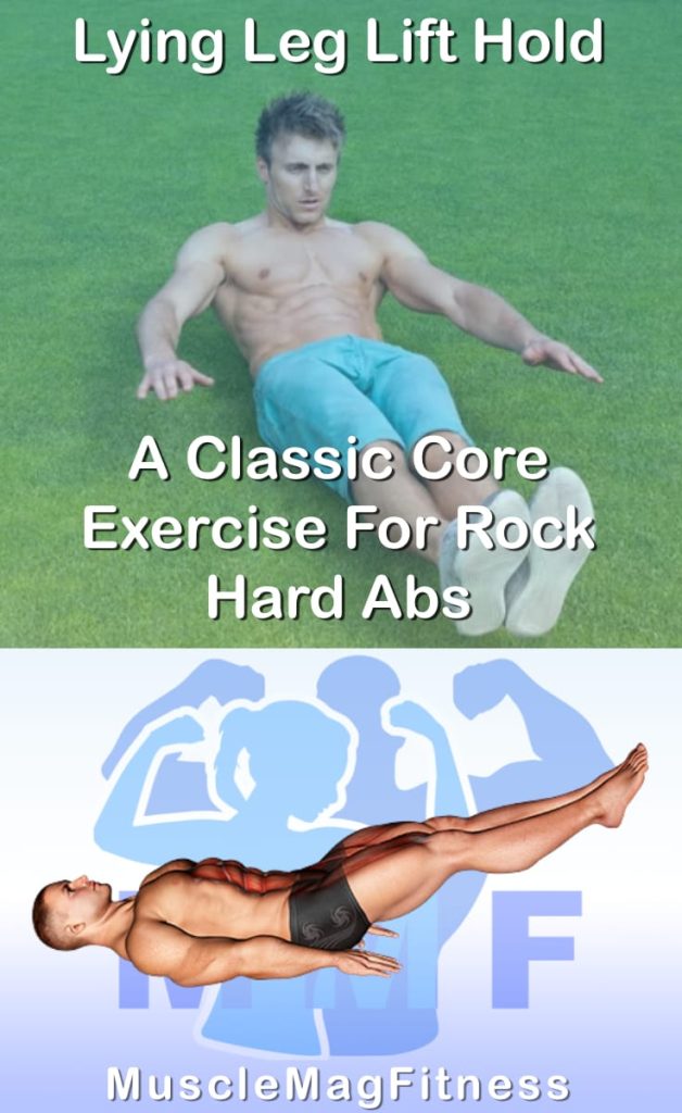 Pin image for lying leg lift hold post. With an image of a man performing the exercise on Top and a graphic of the exercise on the Bottom.