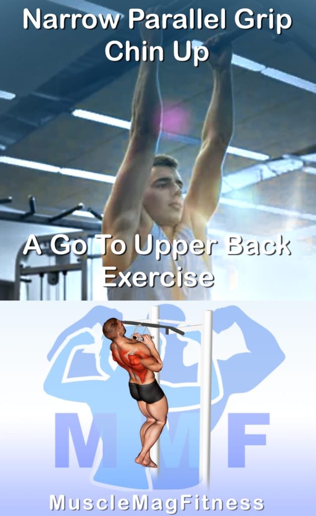 Pin image for narrow parallel grip chin up post. With an image of a man performing the exercise on Top and a graphic of the exercise on the Bottom.