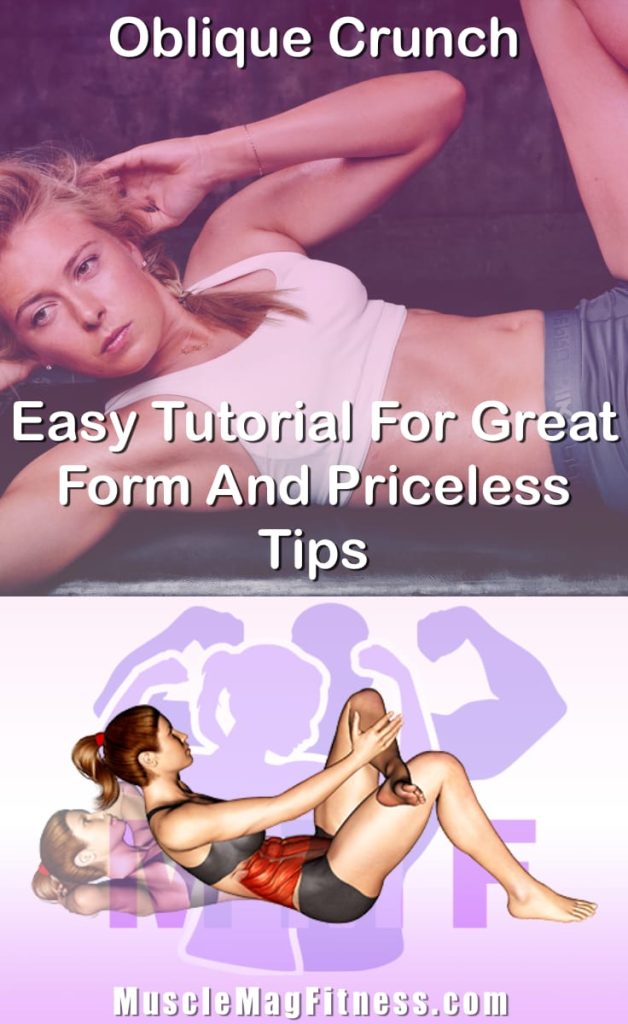 Pin image for oblique crunch post. With an image of a woman performing the exercise on Top and a graphic of the exercise on the Bottom.