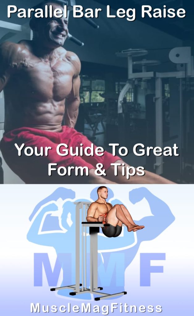 Pin image for parallel bar leg raise post. With an image of a man performing the exercise on Top and a graphic of the exercise on the Bottom.