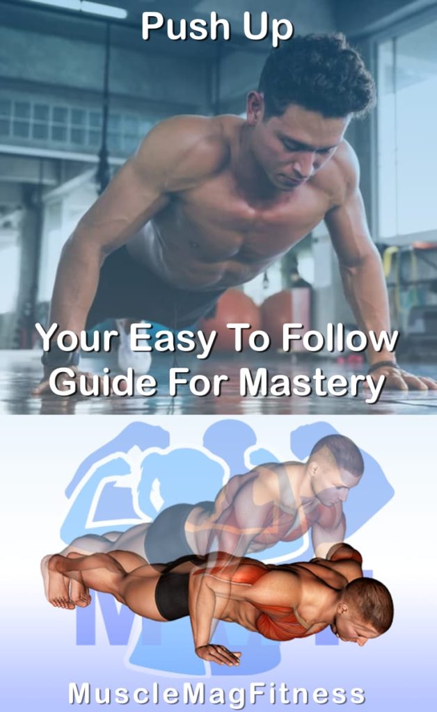 Pin image for push up post. With an image of a man performing the exercise on Top and a graphic of the exercise on the Bottom.