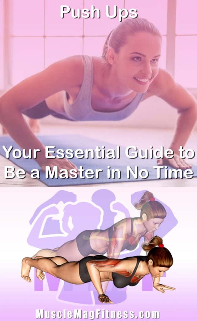 Pin image for push ups post. With an image of a woman performing the exercise on Top and a graphic of the exercise on the Bottom.