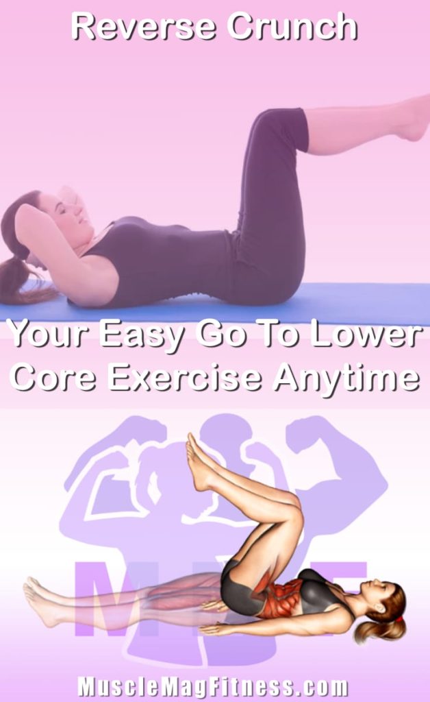 Pin image for reverse crunch post. With an image of a woman performing the exercise on Top and a graphic of the exercise on the Bottom.