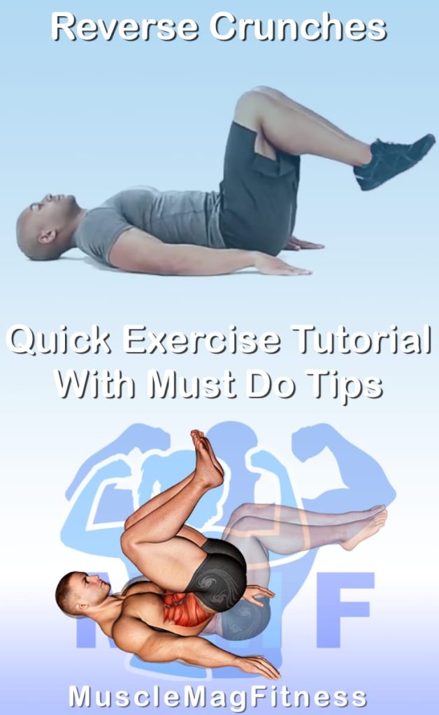 Pin image for reverse crunches post. With an image of a man performing the exercise on Top and a graphic of the exercise on the Bottom.