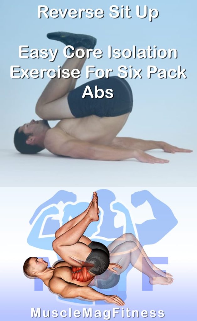 Pin image for reverse sit up post. With an image of a man performing the exercise on Top and a graphic of the exercise on the Bottom.