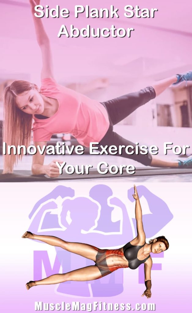 Pin image for side plank star abductor post. With an image of a woman performing the exercise on Top and a graphic of the exercise on the Bottom.